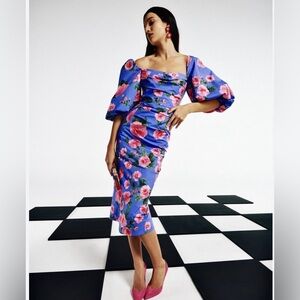 $1890 Carolina Herrera Floral Stretch-Cotton Balloon Sleeve Midi Dress. Italy